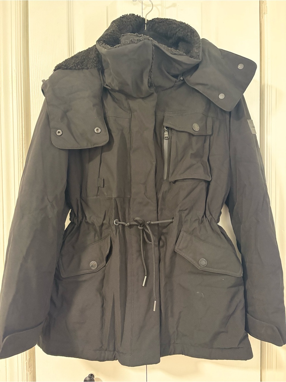 Calvin klein Women's Black Hooded Parka Jacket with Drawstring Waist